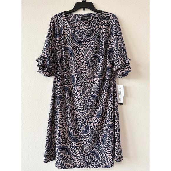 Perceptions Blue Floral Shift Dress Short Ruffled Sleeves Women’s Plus Size 1X - Picture 2 of 10
